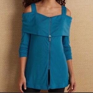Soft Surroundings Comfy Pullover Long Sleeve Cold Shoulder Top Teal Blue Size XS